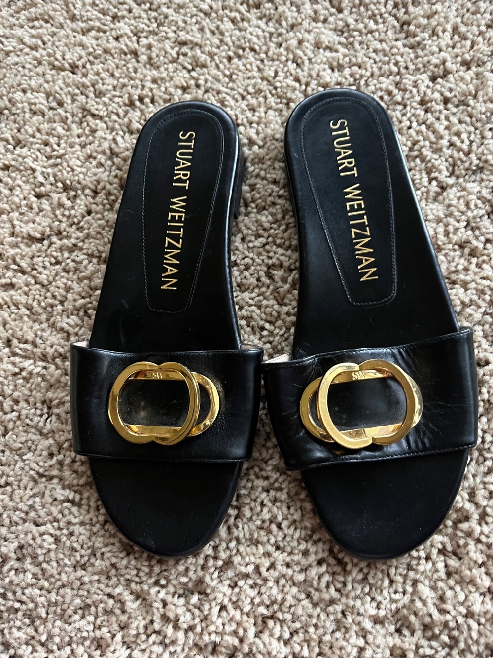 Stuart Weitzman Black Leather Slide Mules with Gold Hardware